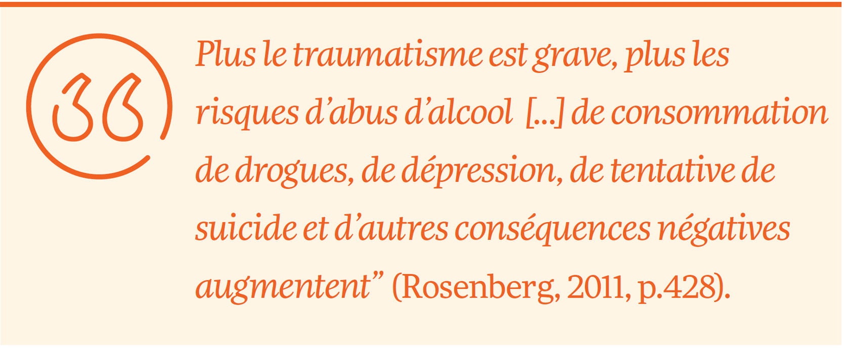 Plus le traumatisme est grave, plus les risques d’abus d’alcool [...] de consommation de drogues, de dépression, de tentative de suicide et d’autres conséquences négatives augmentent” (Rosenberg, 2011, p.428).